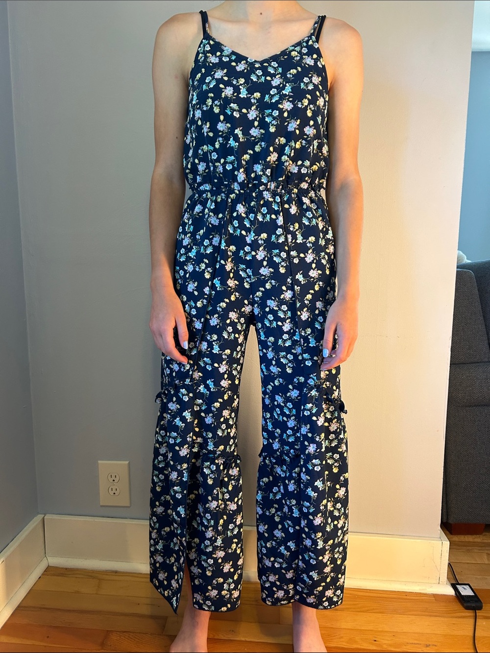 Truly Me Navy Floral Spaghetti-Strap Ruffle-Hem Jumpsuit